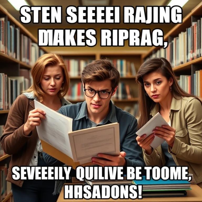 Humorous image of a confident student speed reading through papers while other students look shocked, representing the advantage speed readers have in medical school