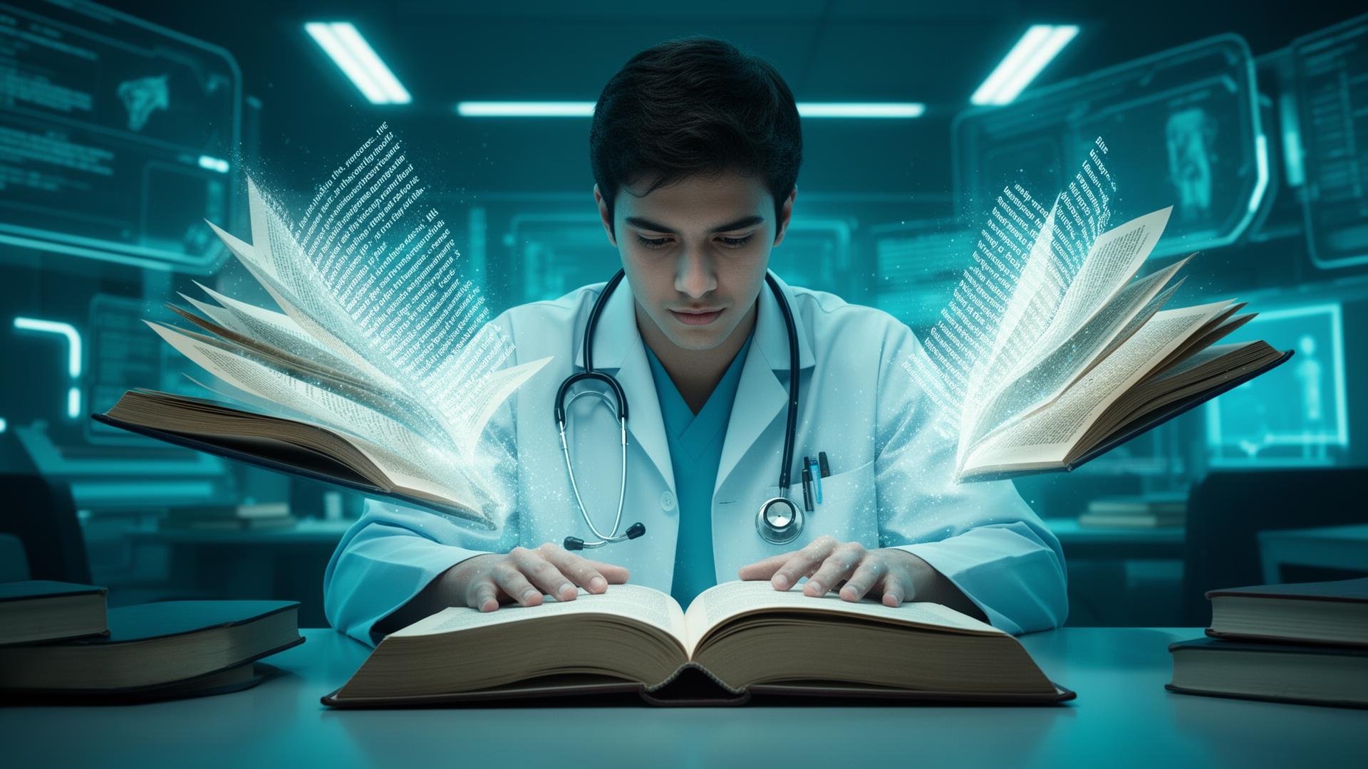 Medical student speed reading through textbooks with futuristic holographic pages floating around them