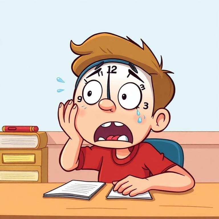 Humorous cartoon of a stressed student looking at a clock during a UKCAT timed exam, illustrating the extreme time pressure candidates face